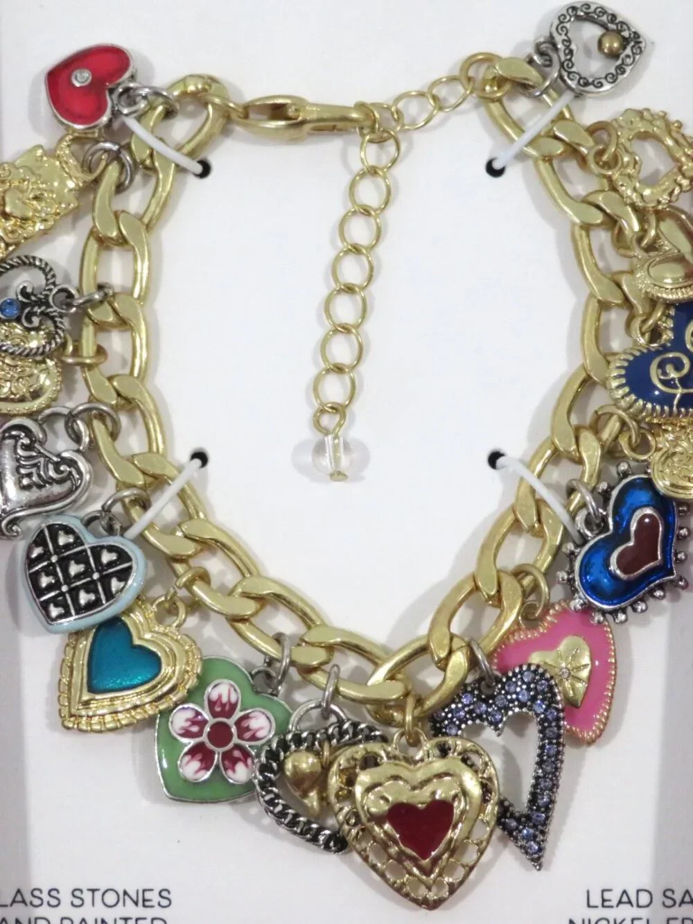 Piper K Heart Charm Bracelet Glass Stones Hand Painted Gold Tone NIB